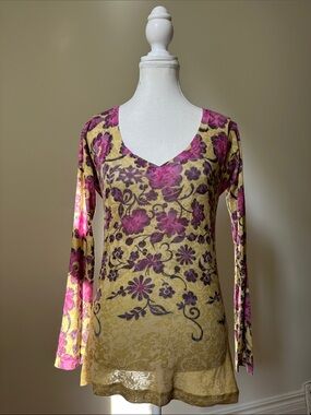 NWT NALLY & MILLIE Floral Y2K Boho Punk Skater Burnout Sheer Long Sleeve Medium